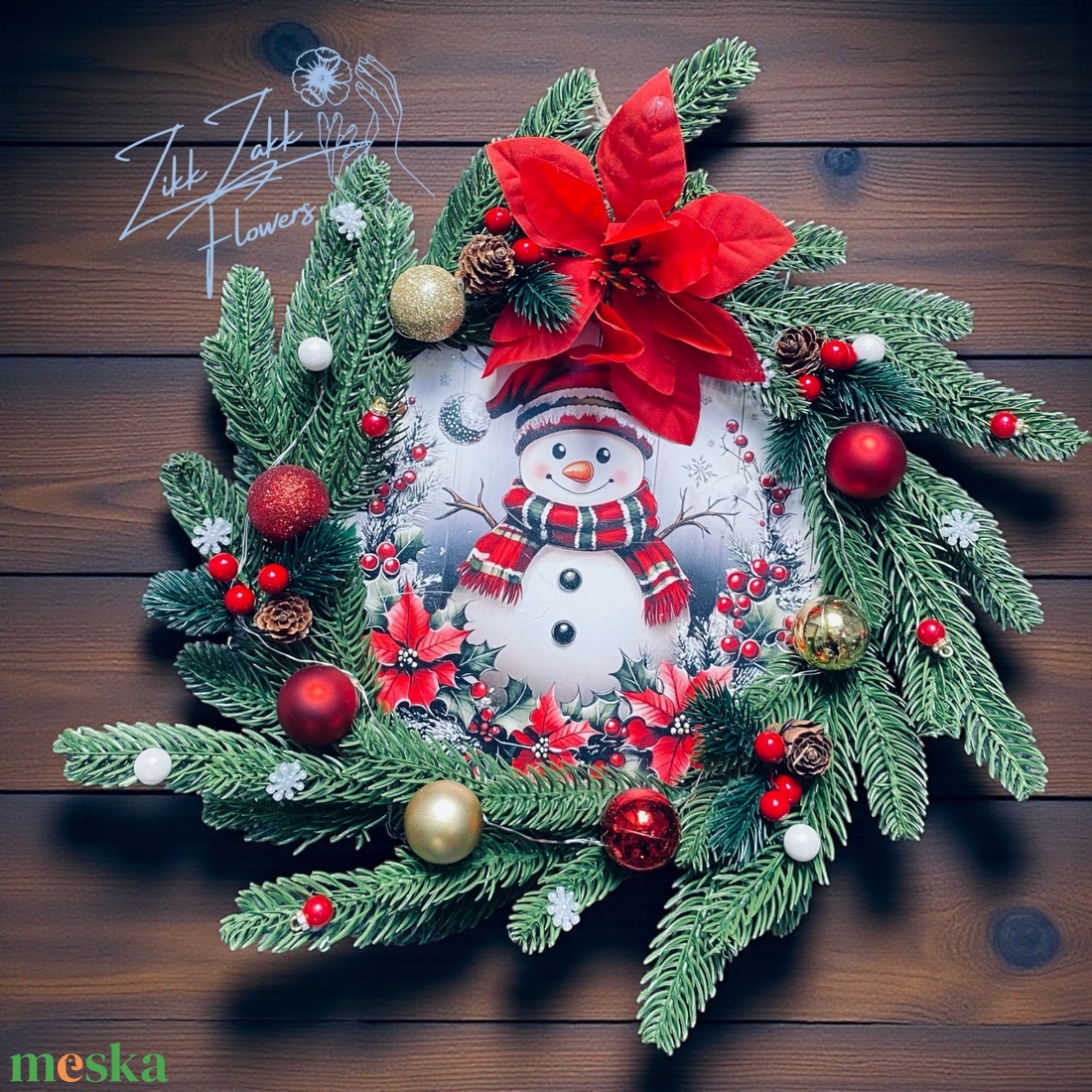 Ajtódísz LED-es  Havas hóember piros-arany díszekkel - karácsony - adventi díszek - adventi ajtódísz - Meska.hu