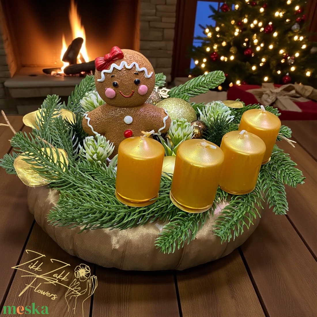 Adventi Koszorú � Mézeskalács Figurával és Arany Gyertyákkal - karácsony - adventi díszek - adventi koszorú - Meska.hu