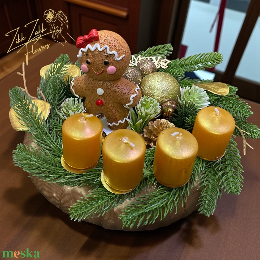 Adventi Koszorú � Mézeskalács Figurával és Arany Gyertyákkal - karácsony - adventi díszek - adventi koszorú - Meska.hu