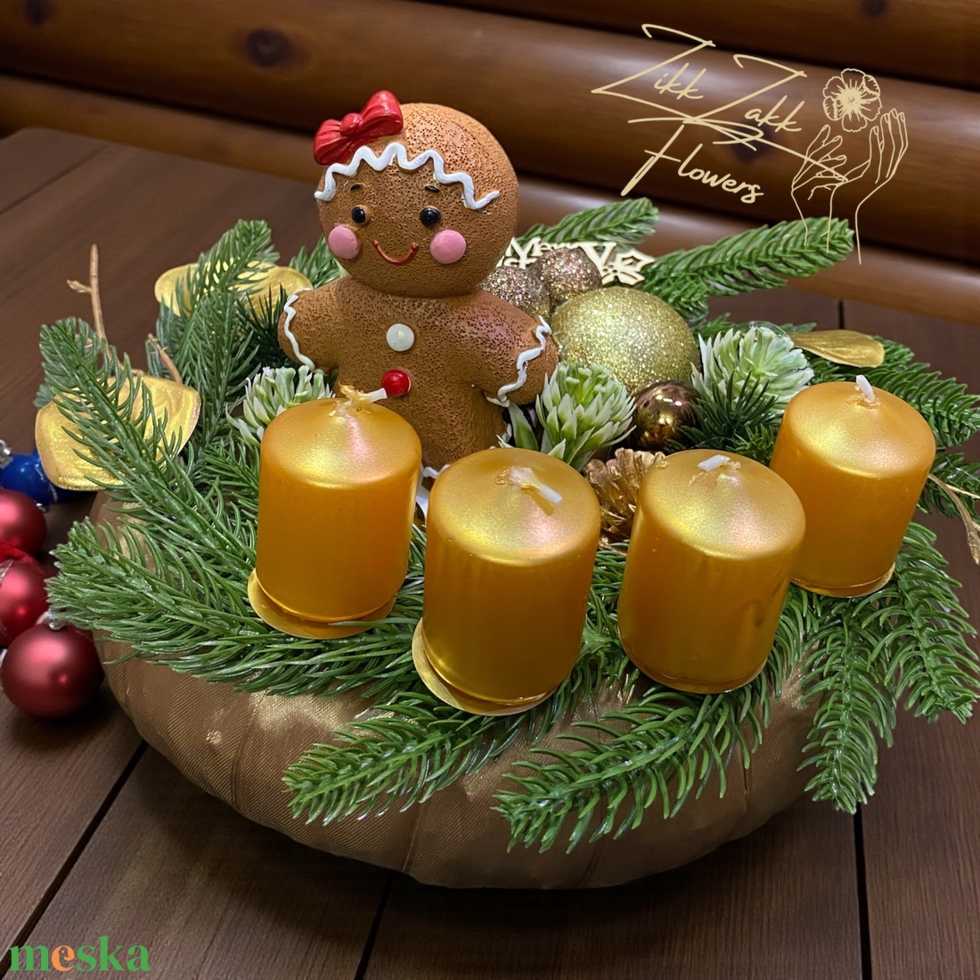 Adventi Koszorú � Mézeskalács Figurával és Arany Gyertyákkal - karácsony - adventi díszek - adventi koszorú - Meska.hu