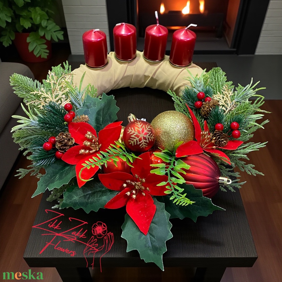 Adventi koszorú  piros-arany klasszikus - karácsony - adventi díszek - adventi koszorú - Meska.hu