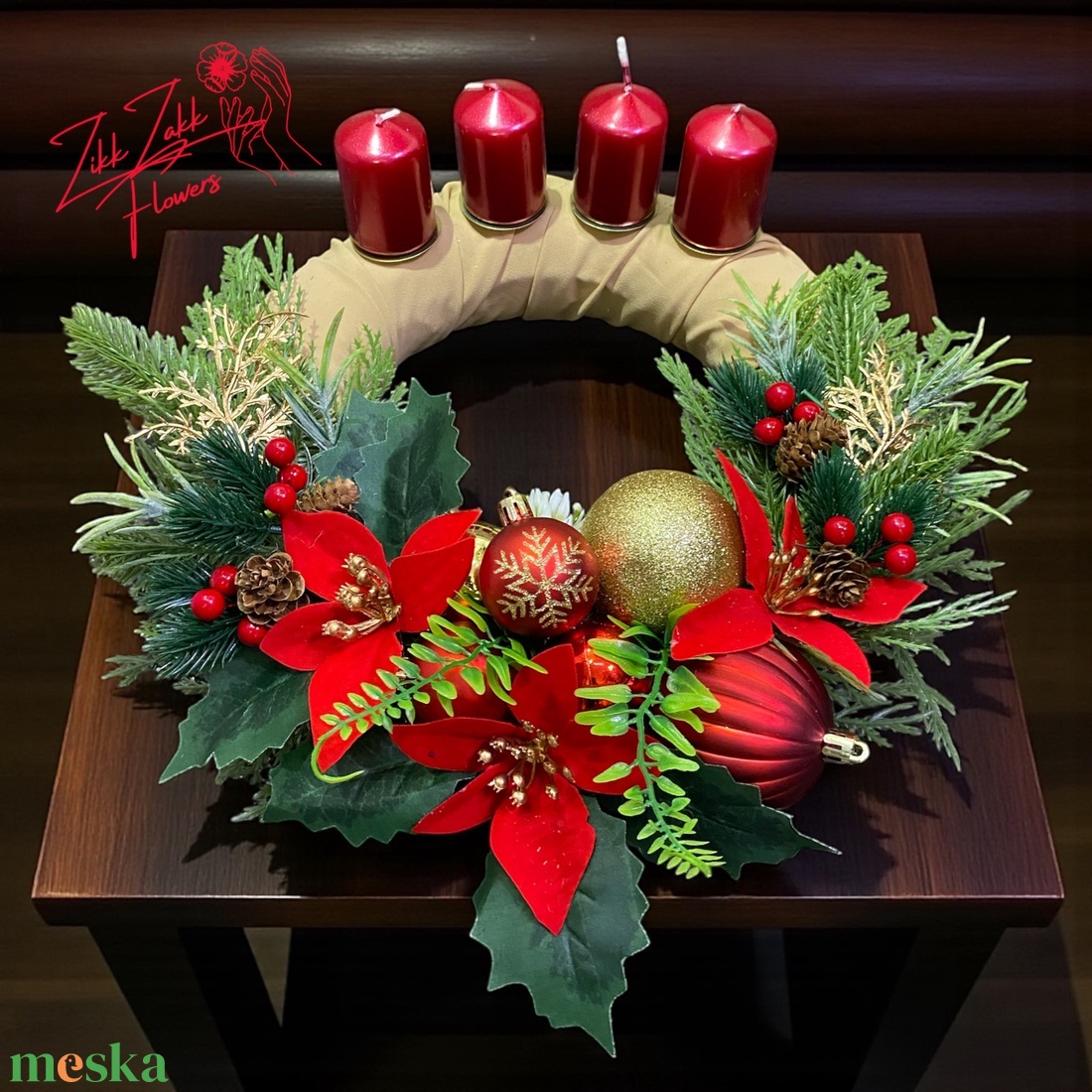 Adventi koszorú  piros-arany klasszikus - karácsony - adventi díszek - adventi koszorú - Meska.hu