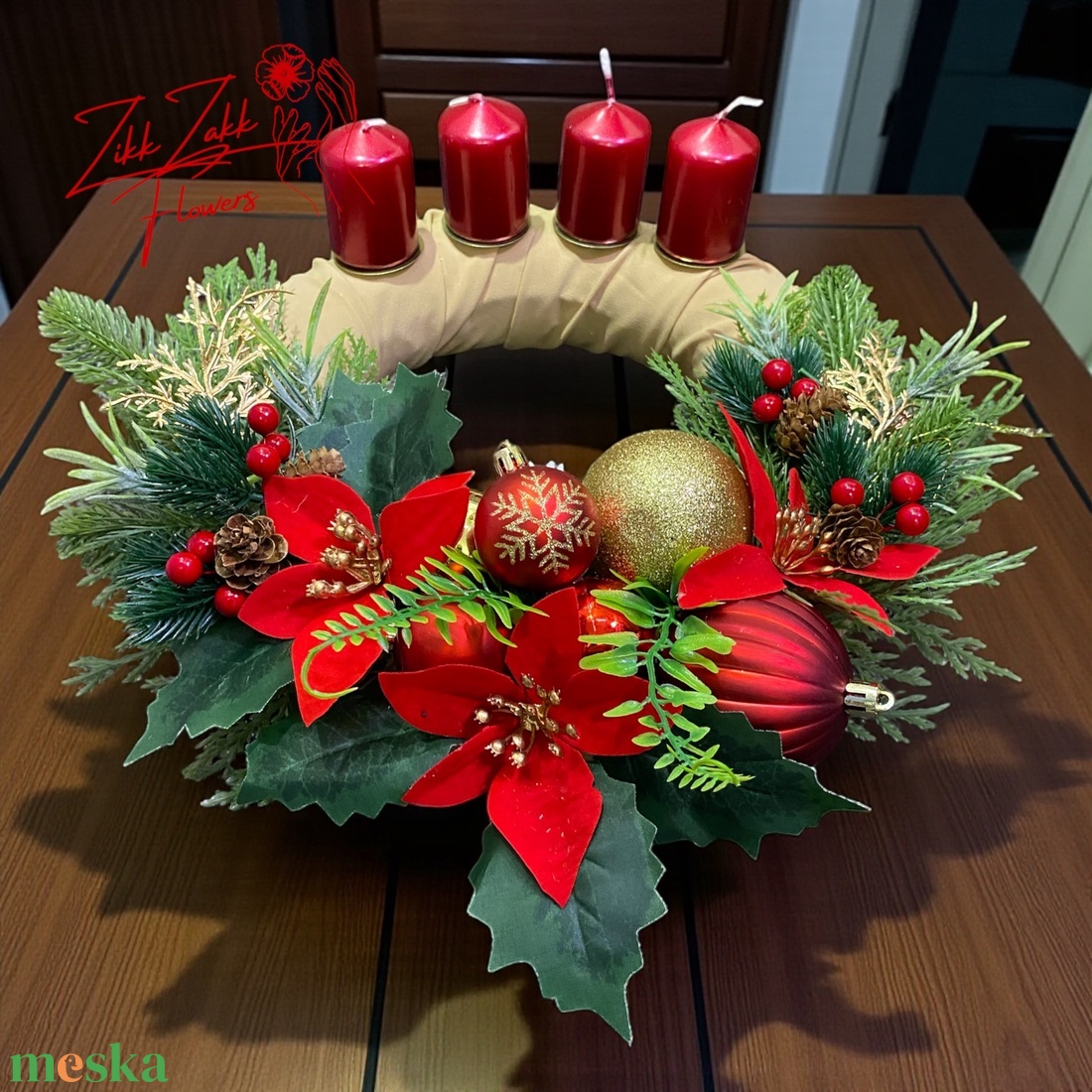Adventi koszorú  piros-arany klasszikus - karácsony - adventi díszek - adventi koszorú - Meska.hu