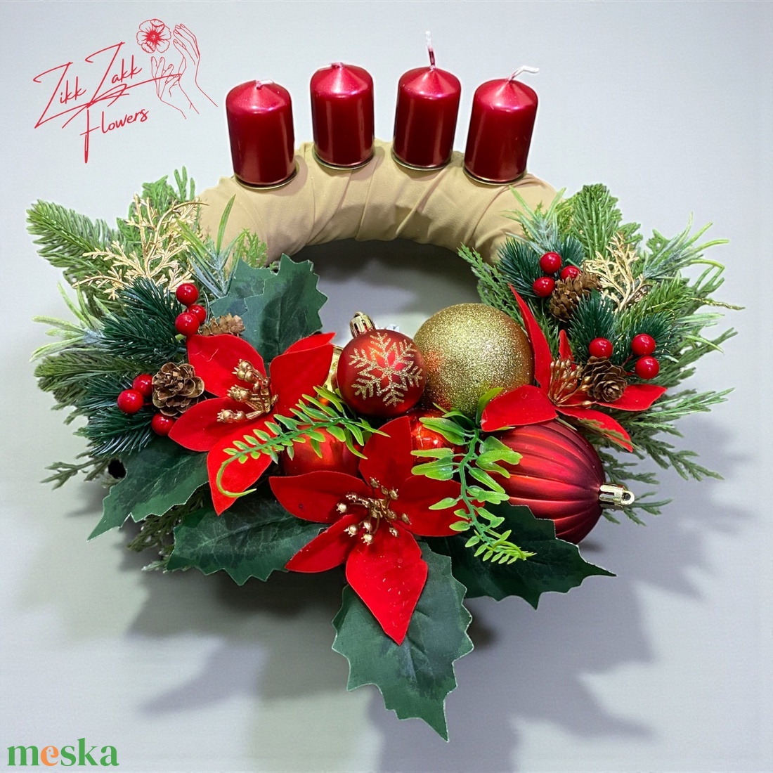 Adventi koszorú  piros-arany klasszikus - karácsony - adventi díszek - adventi koszorú - Meska.hu