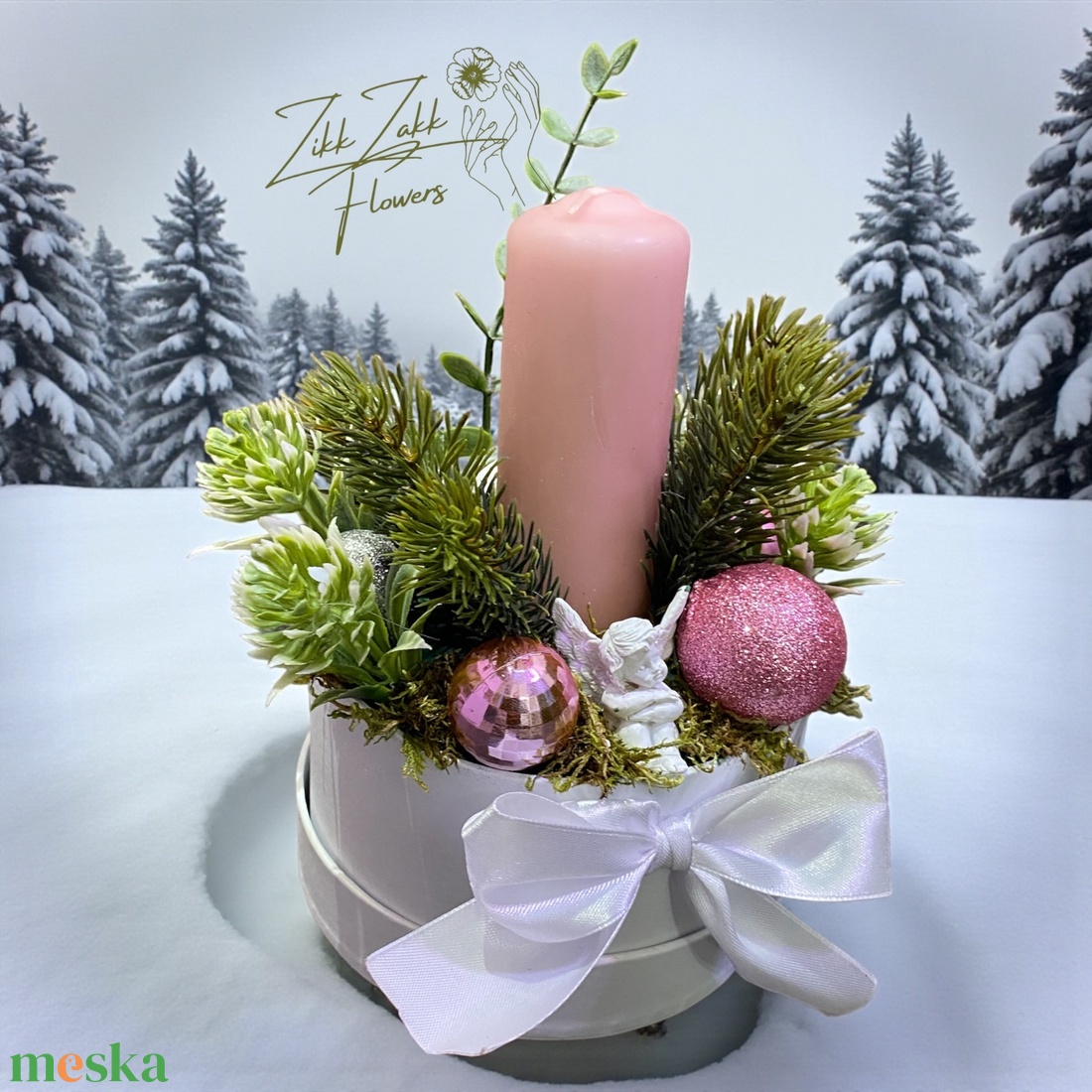 Díszdobozos kompozíció  rózsaszín gyertyával - karácsony - adventi díszek - adventi asztaldísz - Meska.hu