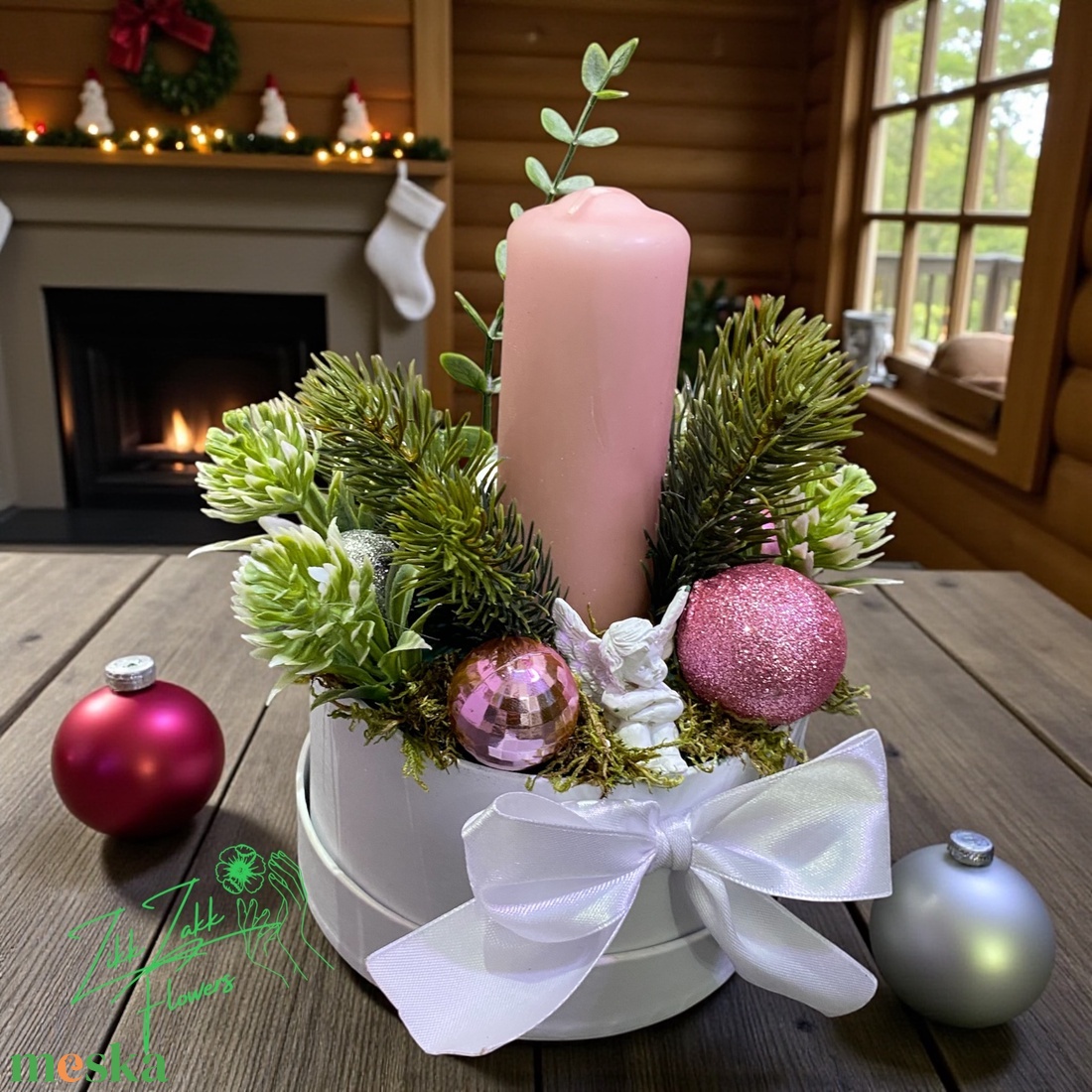 Díszdobozos kompozíció  rózsaszín gyertyával - karácsony - adventi díszek - adventi asztaldísz - Meska.hu