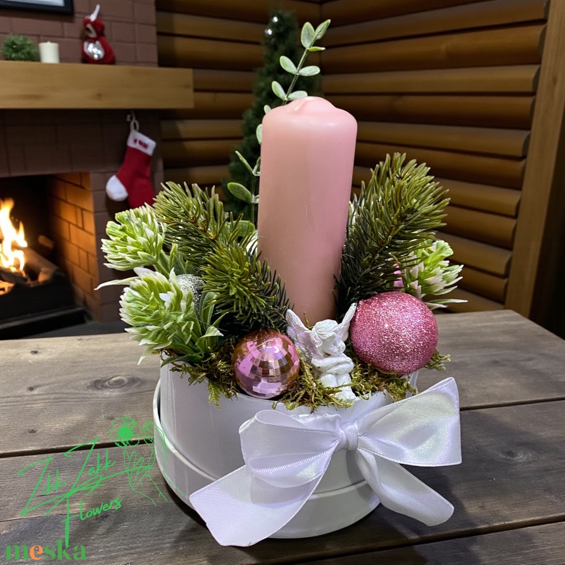 Díszdobozos kompozíció  rózsaszín gyertyával - karácsony - adventi díszek - adventi asztaldísz - Meska.hu