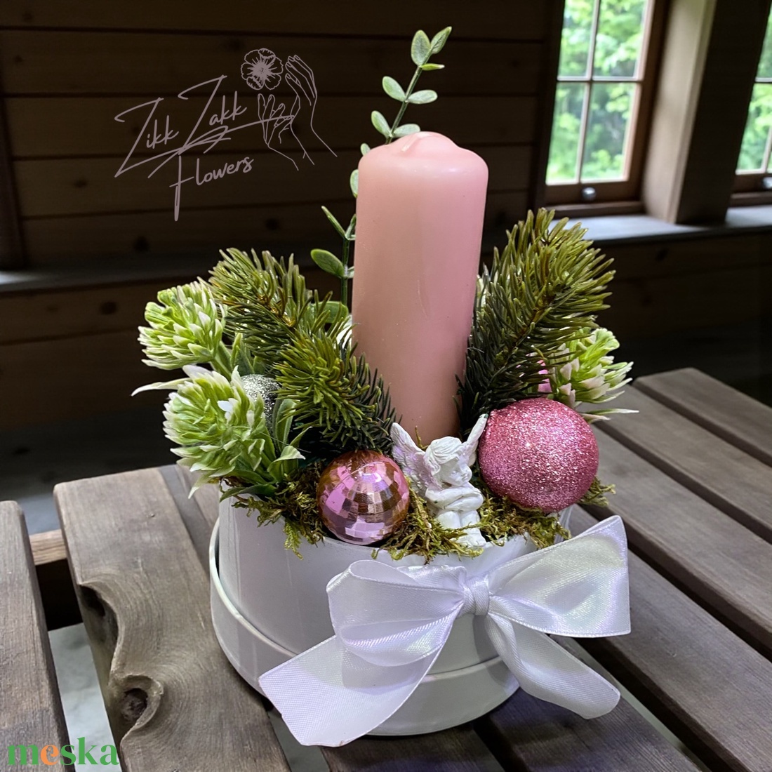Díszdobozos kompozíció  rózsaszín gyertyával - karácsony - adventi díszek - adventi asztaldísz - Meska.hu