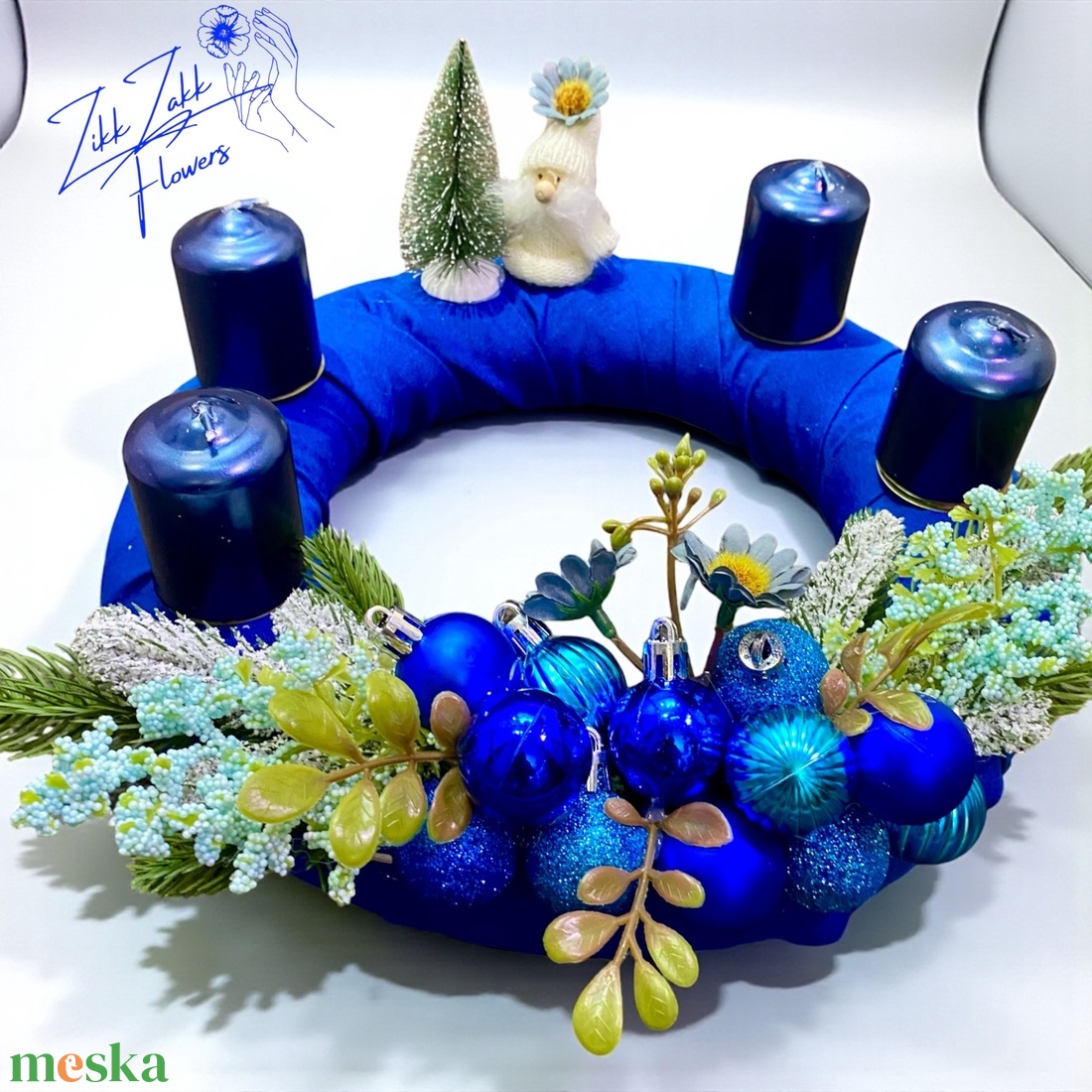 Kék Adventi Asztaldísz  Tél Tündére és Csillogó Díszek - karácsony - adventi díszek - adventi koszorú - Meska.hu