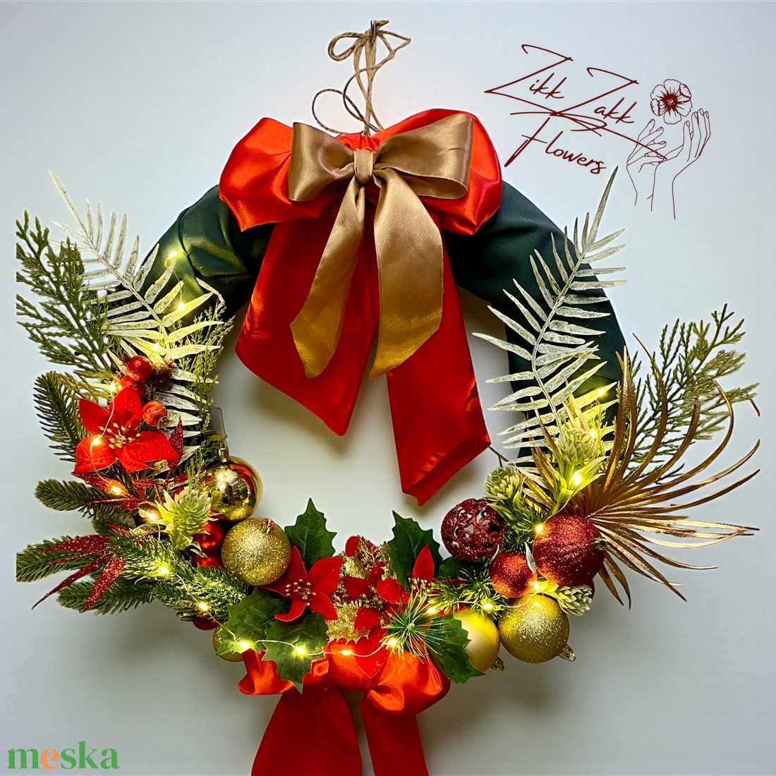 PIROSARANY MASNIS KARÁCSONYI AJTÓDÍSZ (LED fényfüzérrel) - karácsony - adventi díszek - adventi ajtódísz - Meska.hu