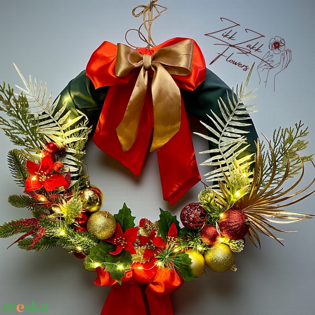 PIROSARANY MASNIS KARÁCSONYI AJTÓDÍSZ (LED fényfüzérrel) - karácsony - adventi díszek - adventi ajtódísz - Meska.hu