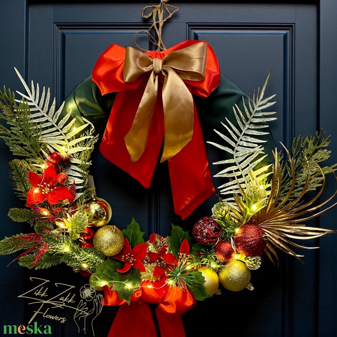 PIROSARANY MASNIS KARÁCSONYI AJTÓDÍSZ (LED fényfüzérrel) - karácsony - adventi díszek - adventi ajtódísz - Meska.hu