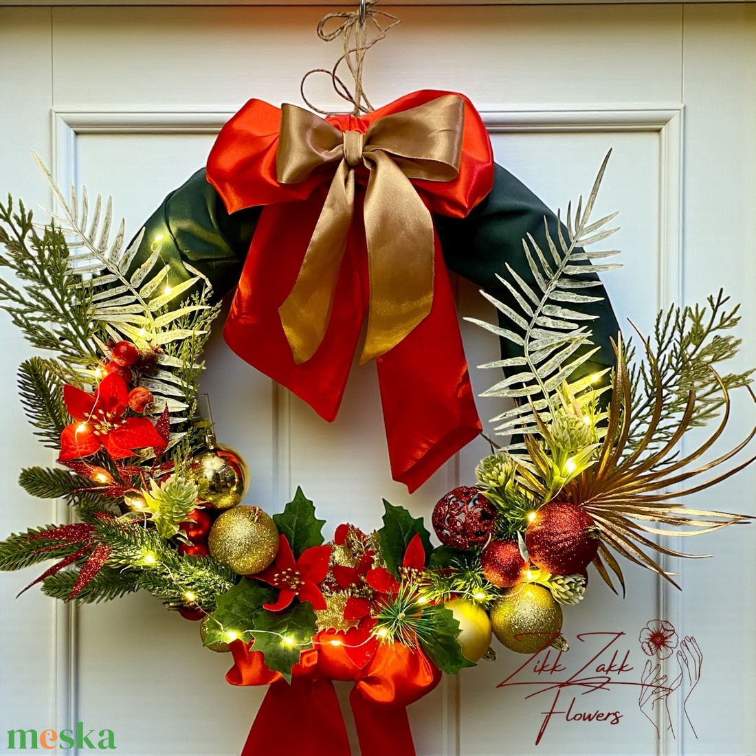 PIROSARANY MASNIS KARÁCSONYI AJTÓDÍSZ (LED fényfüzérrel) - karácsony - adventi díszek - adventi ajtódísz - Meska.hu