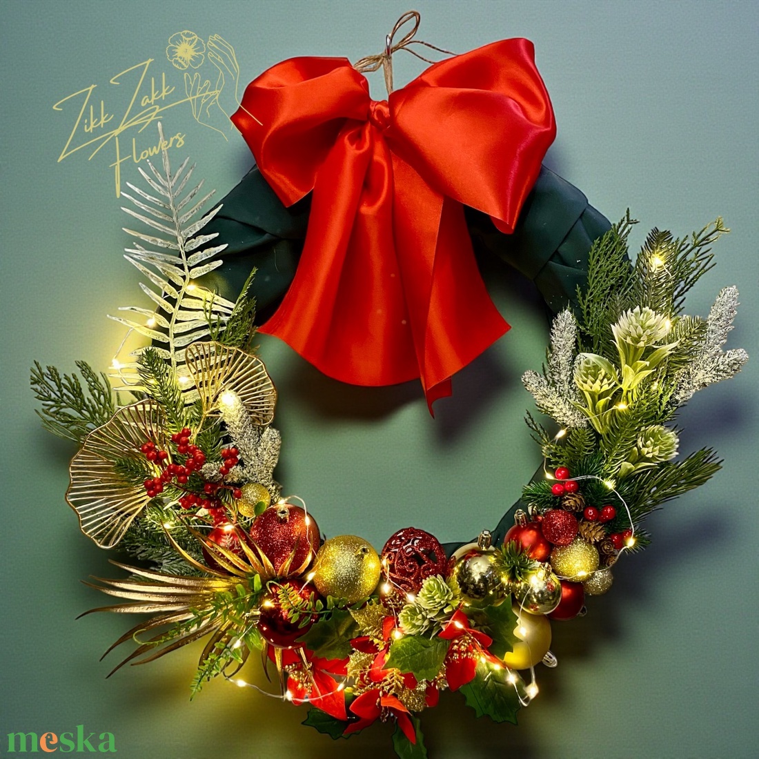 PIROS MASNIS ARANYZÖLD KARÁCSONYI AJTÓDÍSZ (LED fényfüzérrel) - karácsony - adventi díszek - adventi ajtódísz - Meska.hu