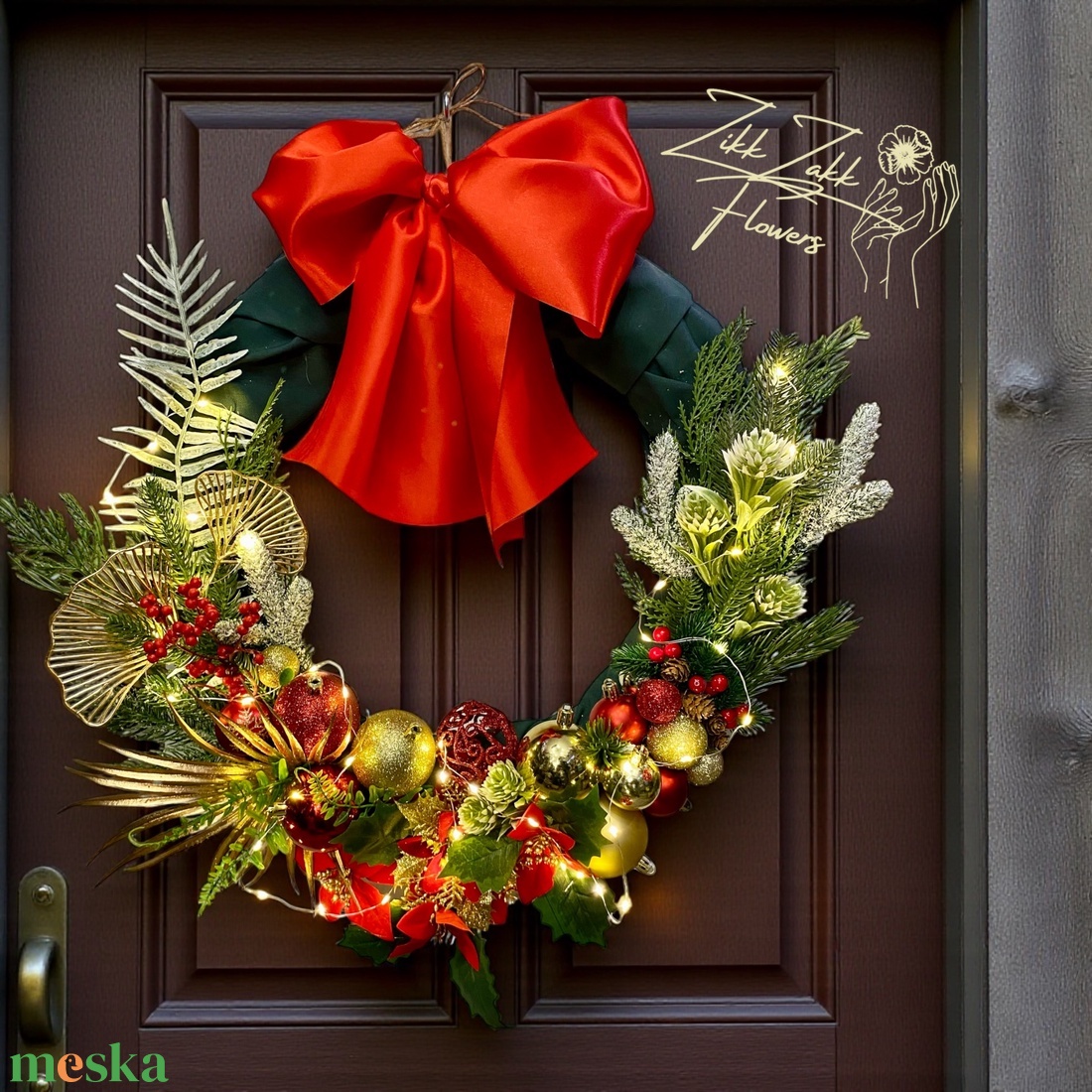 PIROS MASNIS ARANYZÖLD KARÁCSONYI AJTÓDÍSZ (LED fényfüzérrel) - karácsony - adventi díszek - adventi ajtódísz - Meska.hu
