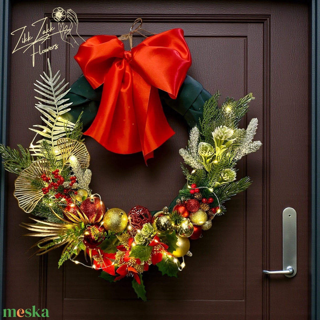 PIROS MASNIS ARANYZÖLD KARÁCSONYI AJTÓDÍSZ (LED fényfüzérrel) - karácsony - adventi díszek - adventi ajtódísz - Meska.hu