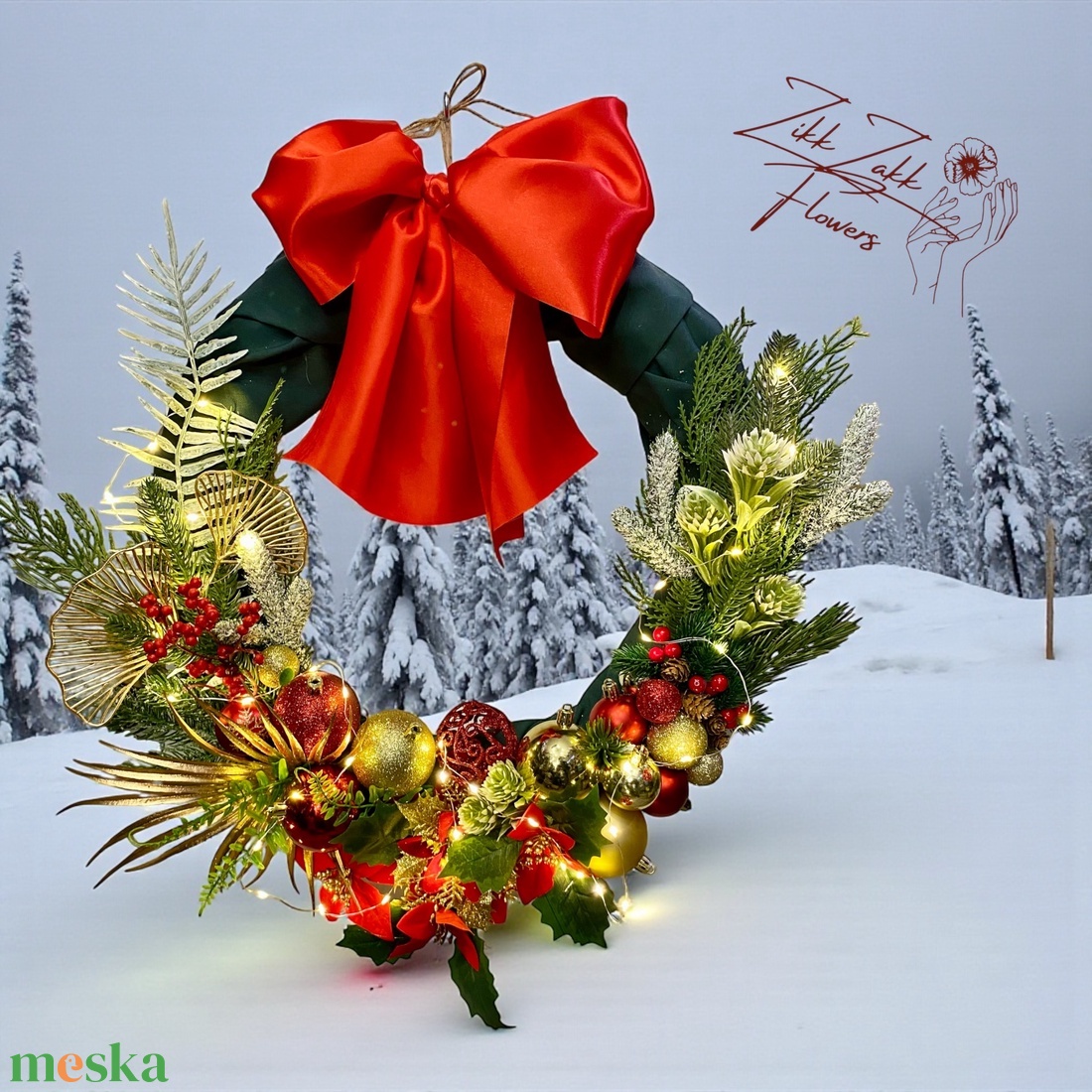 PIROS MASNIS ARANYZÖLD KARÁCSONYI AJTÓDÍSZ (LED fényfüzérrel) - karácsony - adventi díszek - adventi ajtódísz - Meska.hu