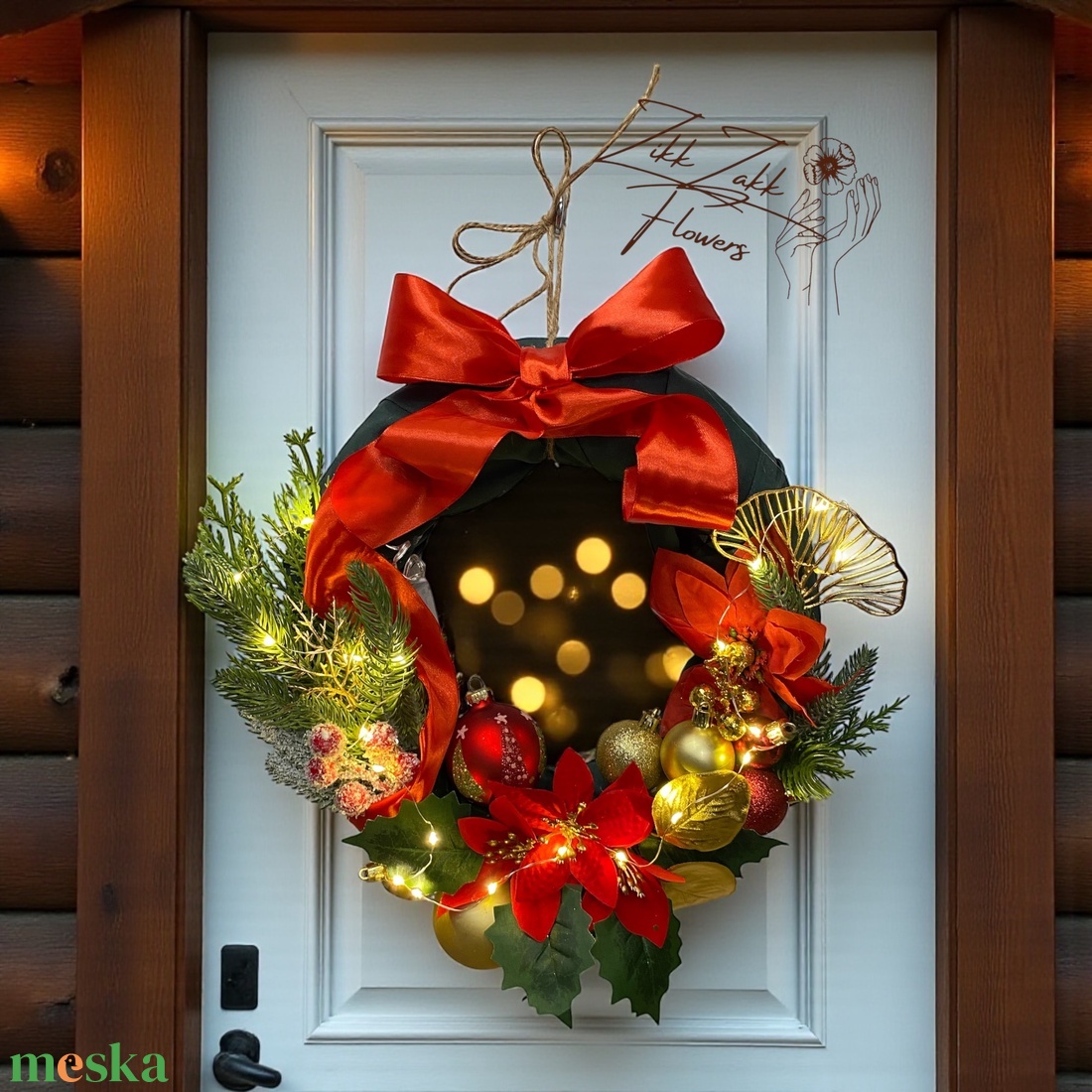 Karácsonyi Ajtódísz  Piros-Arany Masnis, LED-es  - karácsony - adventi díszek - adventi ajtódísz - Meska.hu