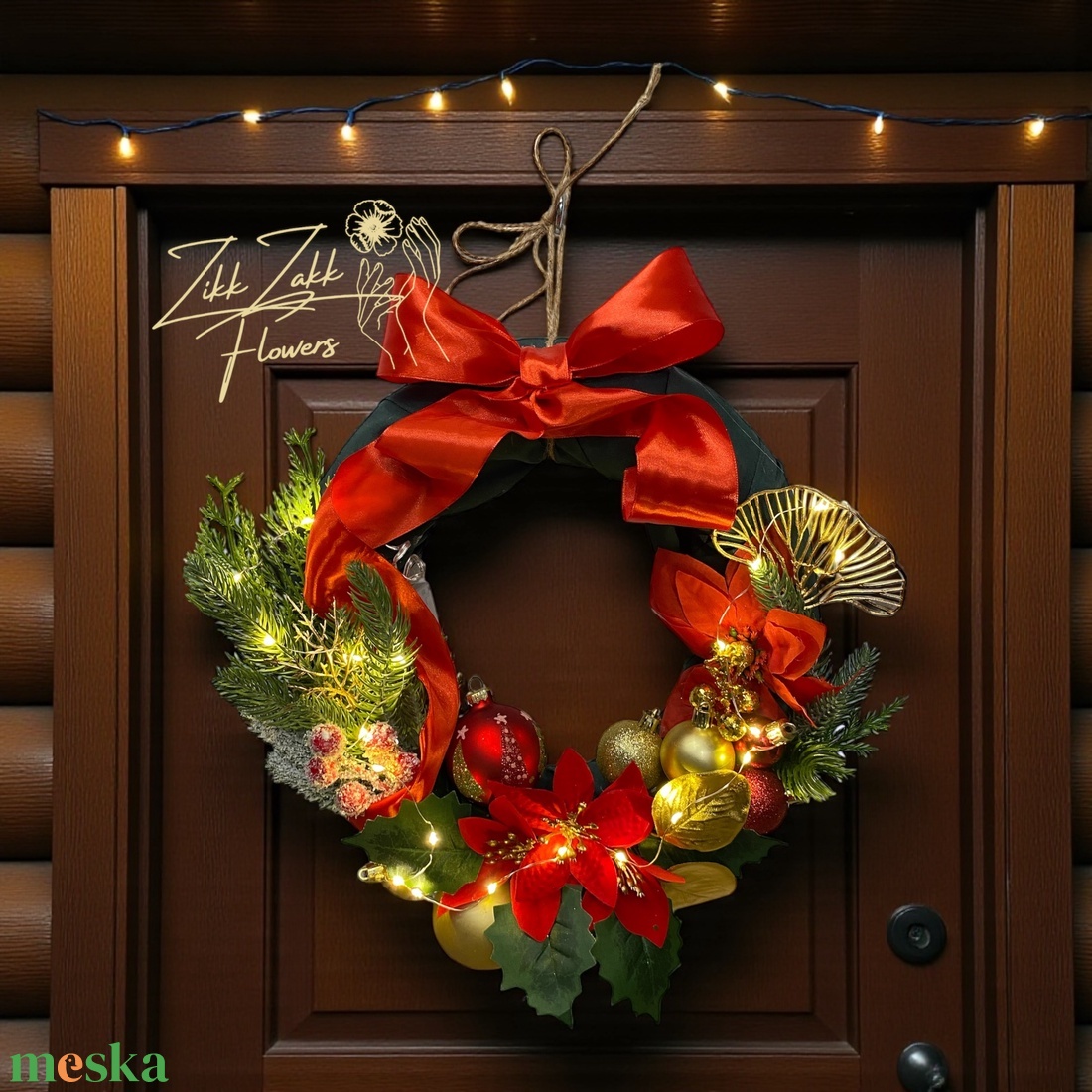 Karácsonyi Ajtódísz  Piros-Arany Masnis, LED-es  - karácsony - adventi díszek - adventi ajtódísz - Meska.hu