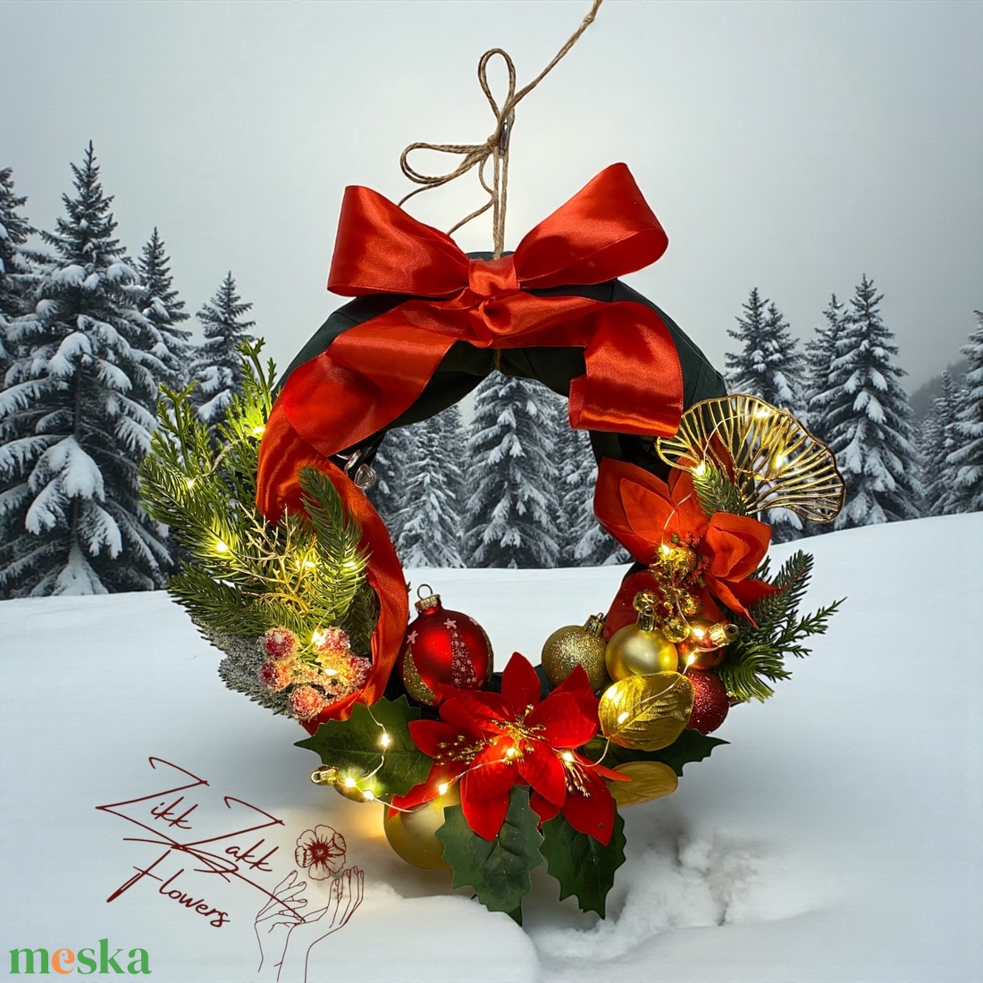 Karácsonyi Ajtódísz  Piros-Arany Masnis, LED-es  - karácsony - adventi díszek - adventi ajtódísz - Meska.hu