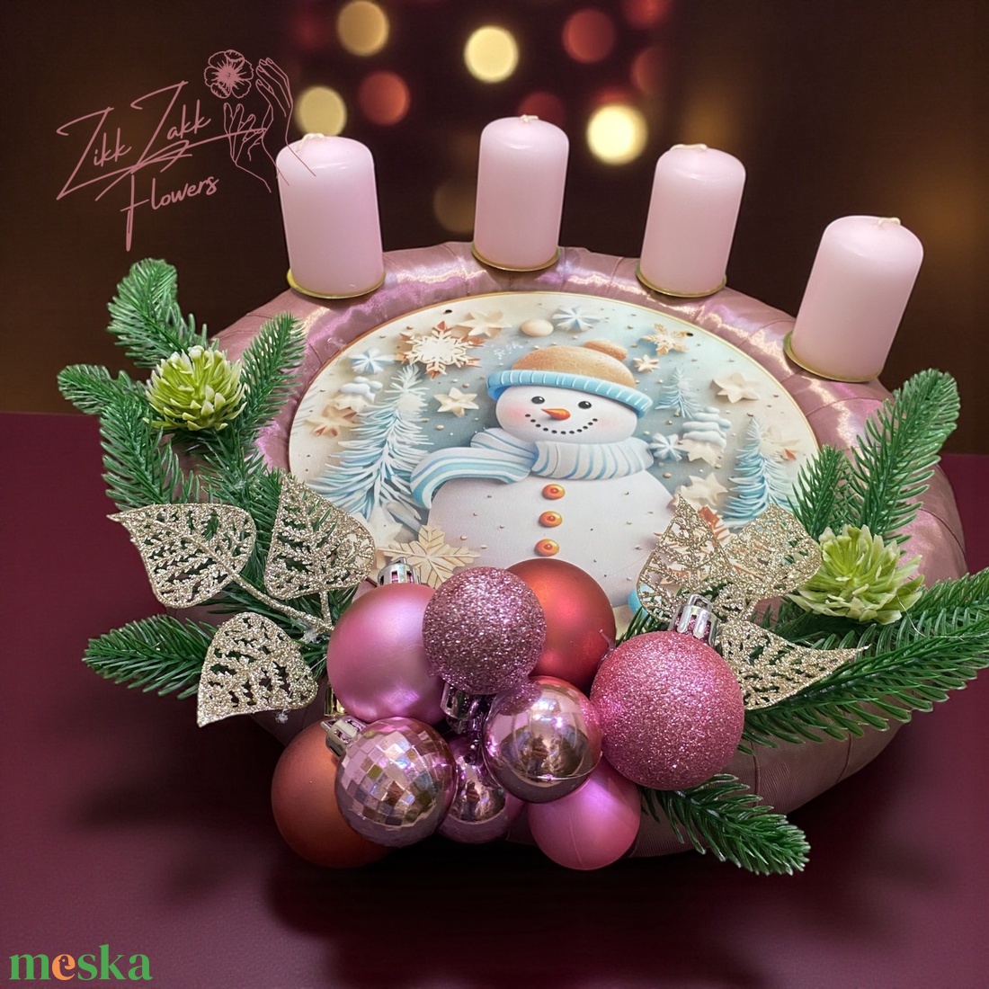 Adventi koszorú  Rózsaszín Hóemberes (4 rózsaszín gyertyával) - karácsony - adventi díszek - adventi koszorú - Meska.hu