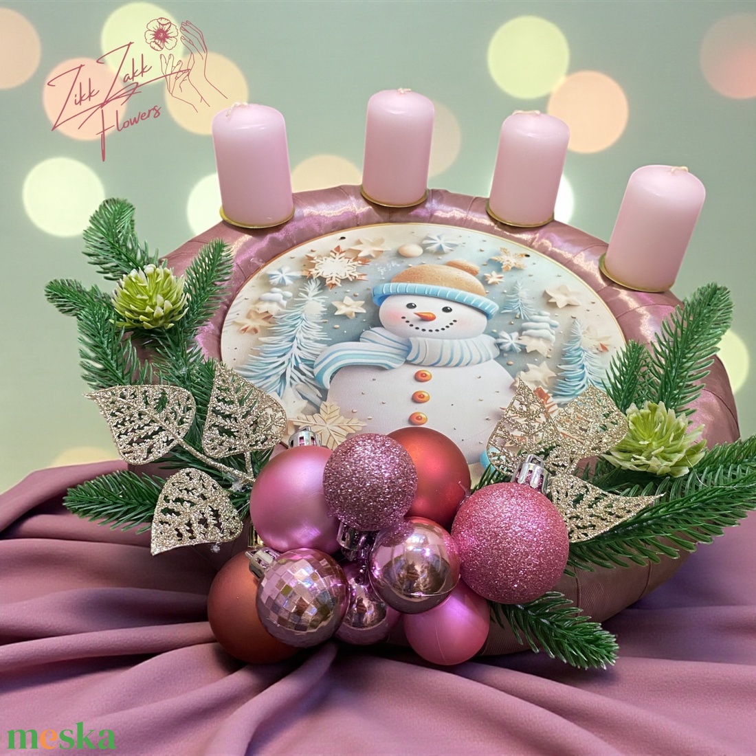 Adventi koszorú  Rózsaszín Hóemberes (4 rózsaszín gyertyával) - karácsony - adventi díszek - adventi koszorú - Meska.hu