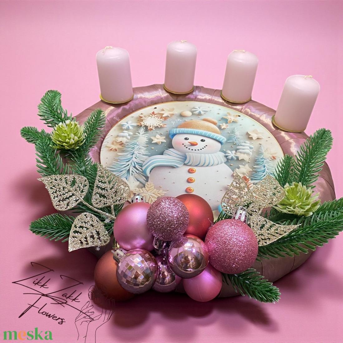 Adventi koszorú  Rózsaszín Hóemberes (4 rózsaszín gyertyával) - karácsony - adventi díszek - adventi koszorú - Meska.hu