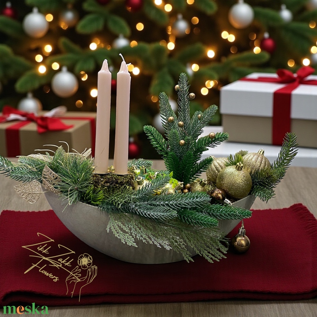 Adventi asztaldísz  BézsGold csónak alakú tálban (4 bézs gyertyával) - karácsony - adventi díszek - adventi asztaldísz - Meska.hu