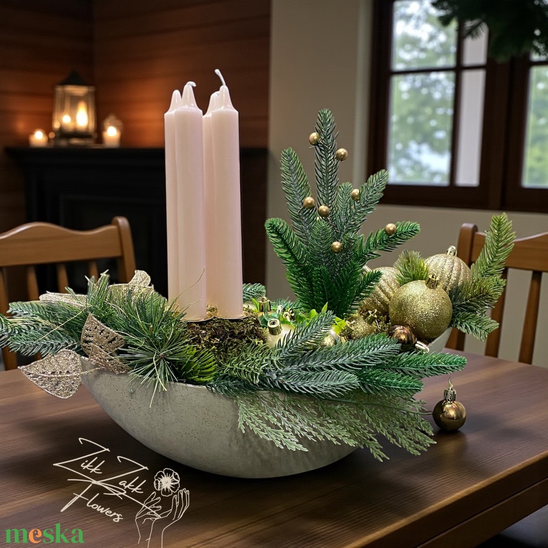 Adventi asztaldísz  BézsGold csónak alakú tálban (4 bézs gyertyával) - karácsony - adventi díszek - adventi asztaldísz - Meska.hu