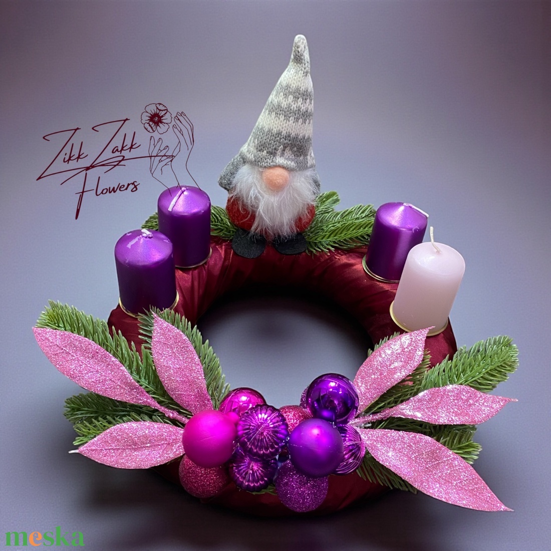 Adventi koszorú  Lila manós, pinklila díszítéssel - karácsony - adventi díszek - adventi koszorú - Meska.hu
