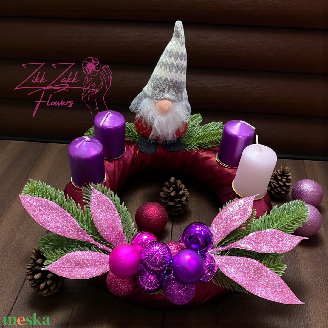 Adventi koszorú  Lila manós, pinklila díszítéssel - karácsony - adventi díszek - adventi koszorú - Meska.hu