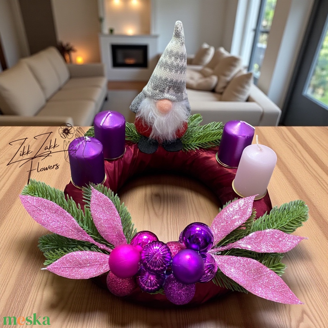 Adventi koszorú  Lila manós, pinklila díszítéssel - karácsony - adventi díszek - adventi koszorú - Meska.hu