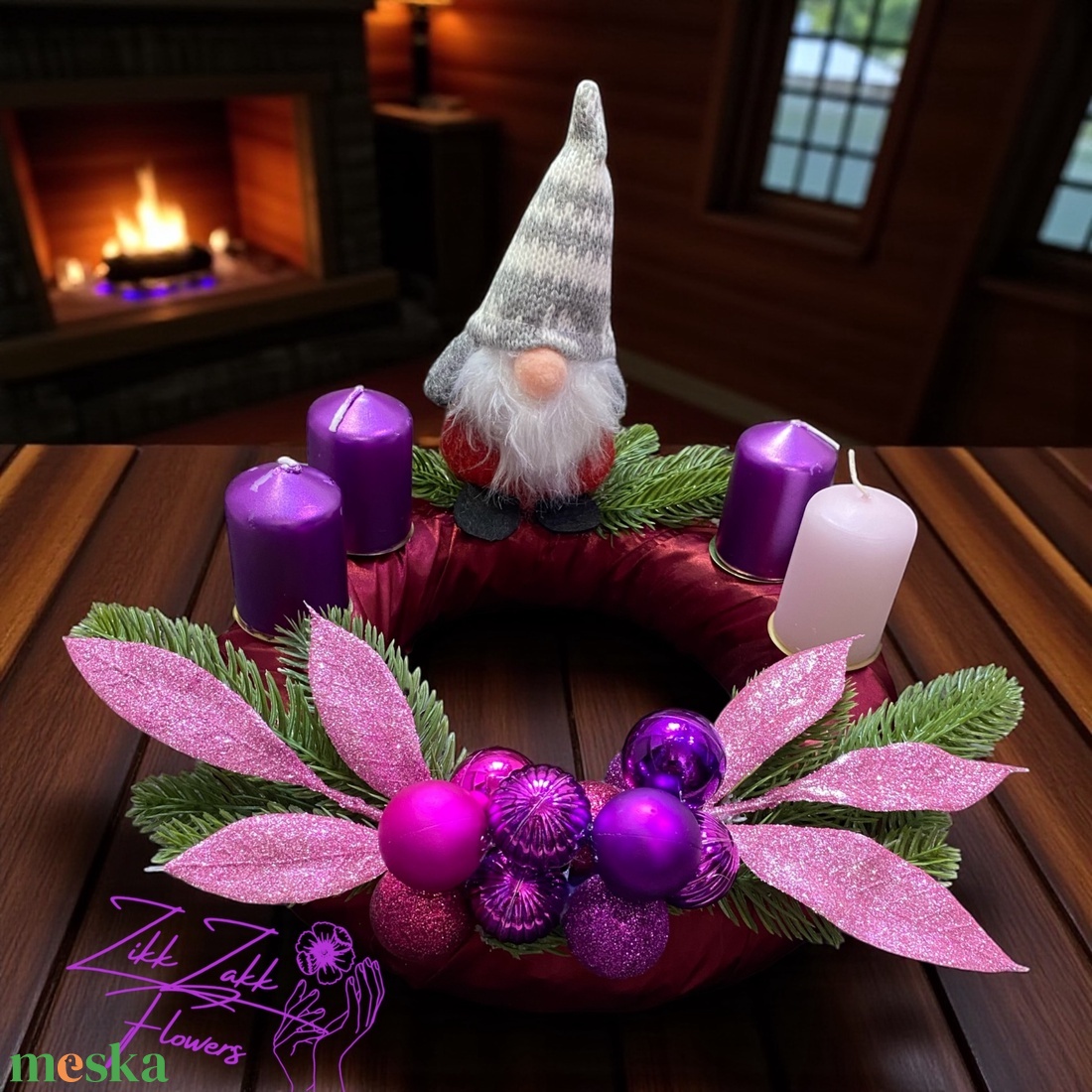 Adventi koszorú  Lila manós, pinklila díszítéssel - karácsony - adventi díszek - adventi koszorú - Meska.hu