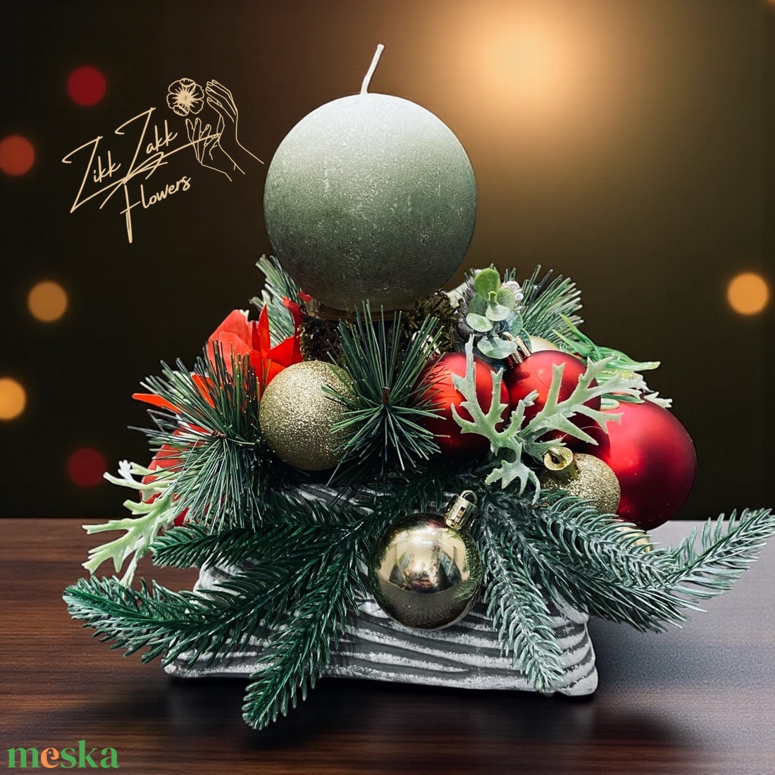 Karácsonyi dísz  pasztell rózsaszín gyertyás kompozíció kúp alakú tálban  - karácsony - adventi díszek - adventi asztaldísz - Meska.hu