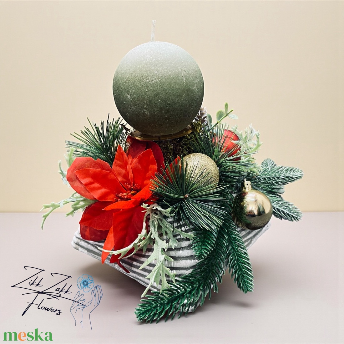 Karácsonyi dísz  pasztell rózsaszín gyertyás kompozíció kúp alakú tálban  - karácsony - adventi díszek - adventi asztaldísz - Meska.hu