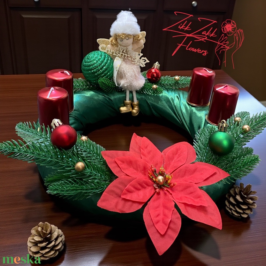 Adventi koszorú  zöld alapon, piros gyertyákkal - karácsony - adventi díszek - adventi koszorú - Meska.hu