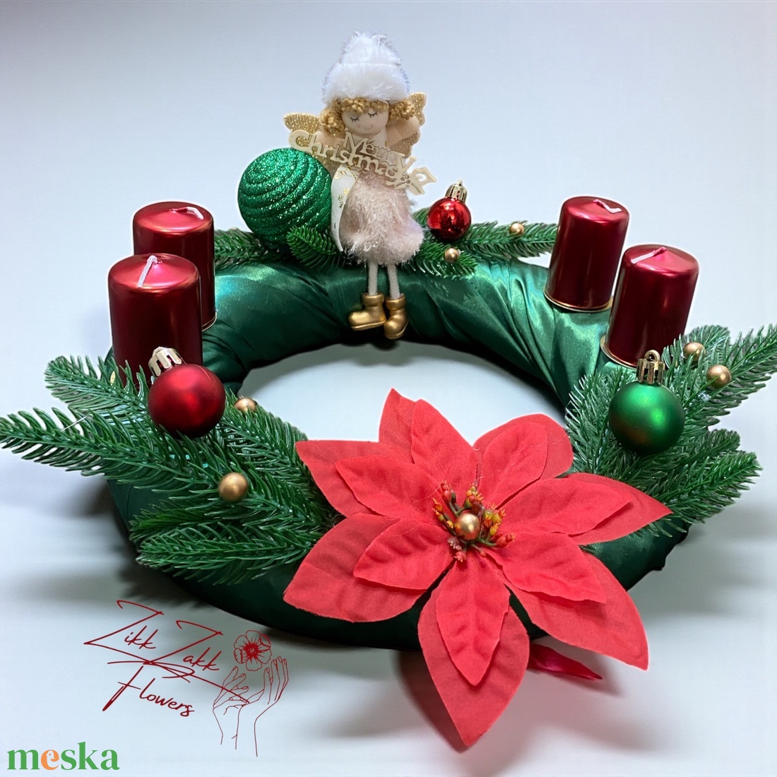 Adventi koszorú  zöld alapon, piros gyertyákkal - karácsony - adventi díszek - adventi koszorú - Meska.hu