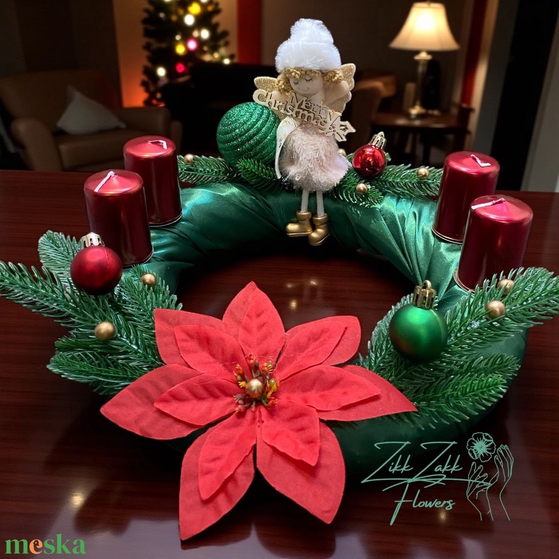 Adventi koszorú  zöld alapon, piros gyertyákkal - karácsony - adventi díszek - adventi koszorú - Meska.hu