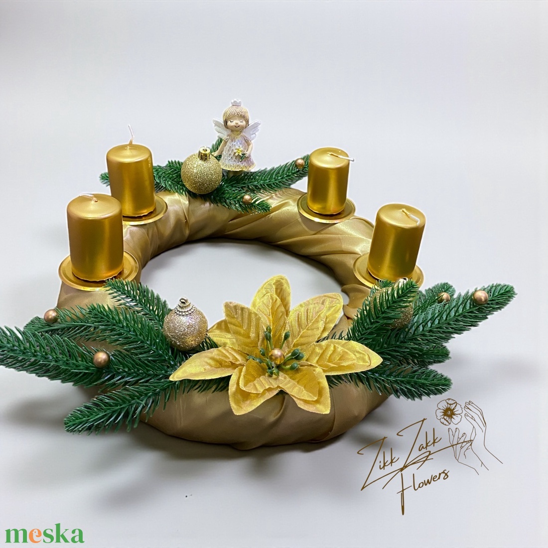 Adventi koszorú  arany gyertyák, arany amarillisz virággal - karácsony - adventi díszek - adventi koszorú - Meska.hu