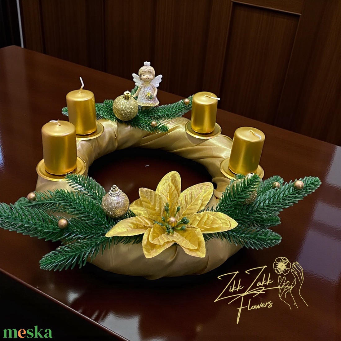 Adventi koszorú  arany gyertyák, arany amarillisz virággal - karácsony - adventi díszek - adventi koszorú - Meska.hu