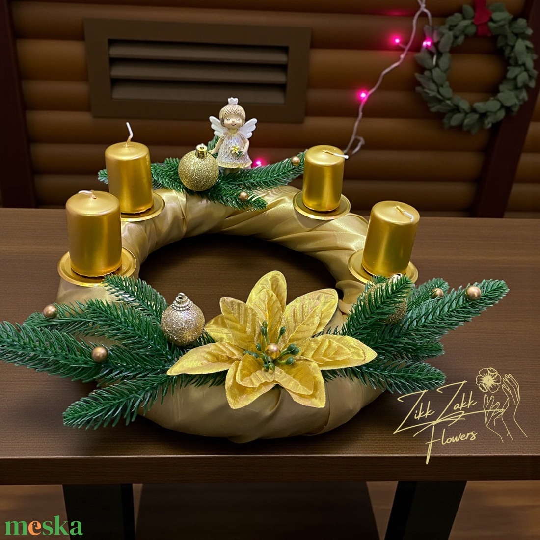 Adventi koszorú  arany gyertyák, arany amarillisz virággal - karácsony - adventi díszek - adventi koszorú - Meska.hu