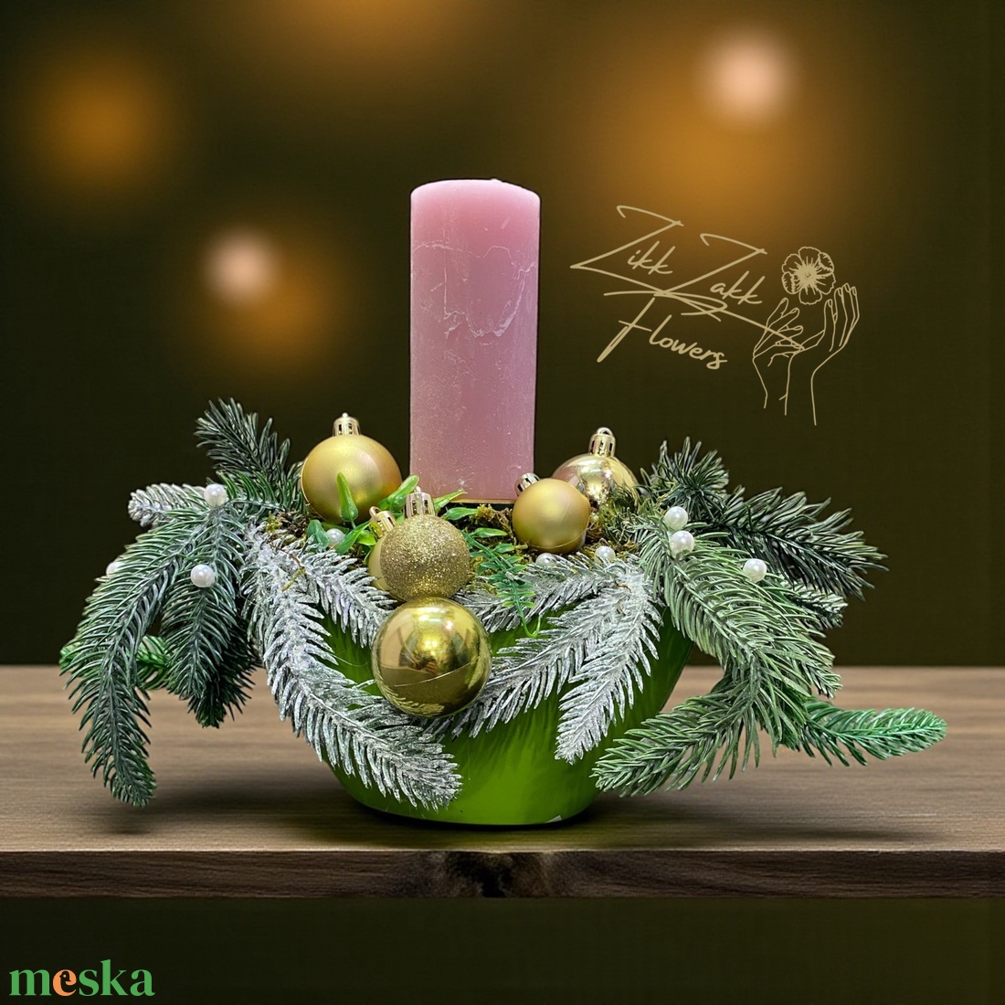 Adventi asztaldísz � Pasztell rózsaszín gyertyával (zöld tálban) - karácsony - adventi díszek - adventi asztaldísz - Meska.hu