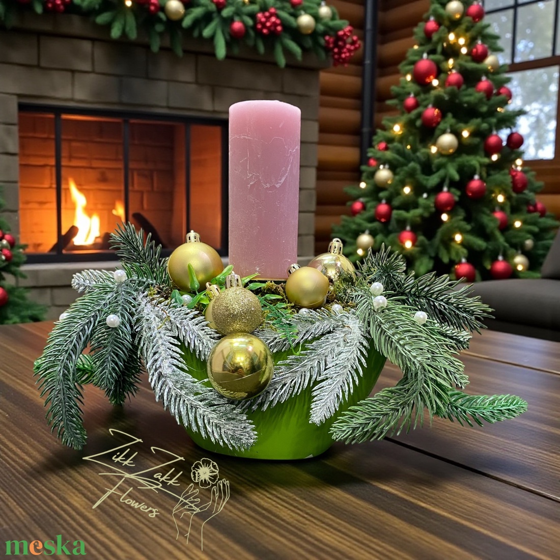 Adventi asztaldísz � Pasztell rózsaszín gyertyával (zöld tálban) - karácsony - adventi díszek - adventi asztaldísz - Meska.hu