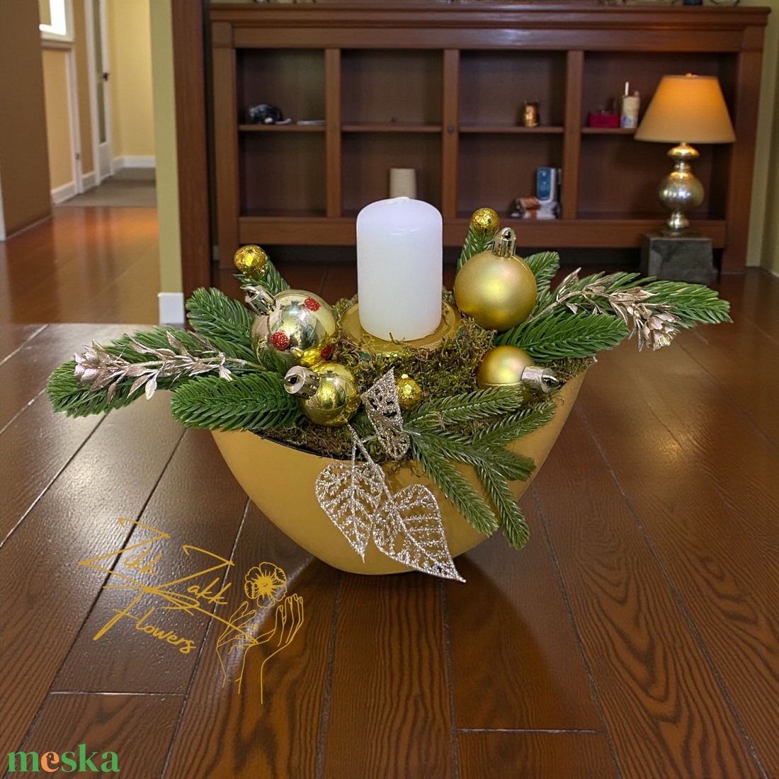 Arany csónak tál  fehér gyertyával - karácsony - adventi díszek - adventi asztaldísz - Meska.hu