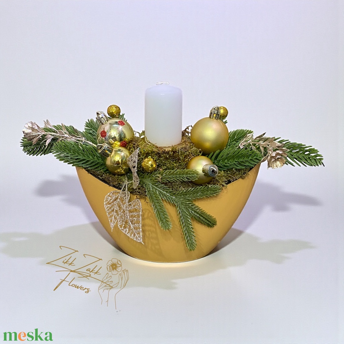 Arany csónak tál  fehér gyertyával - karácsony - adventi díszek - adventi asztaldísz - Meska.hu
