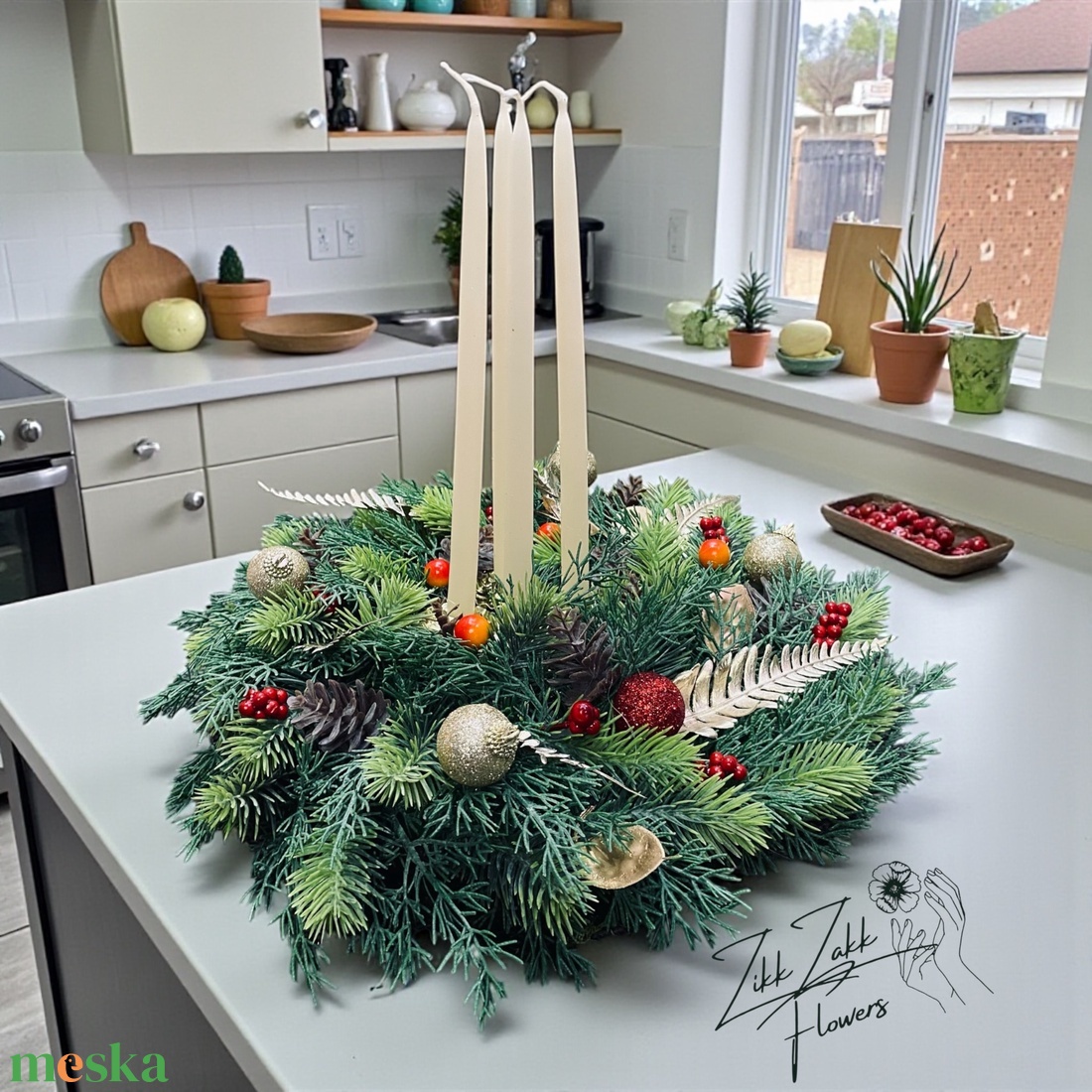 Nagy, dús adventi koszorú hosszú gyertyákkal - karácsony - adventi díszek - adventi koszorú - Meska.hu