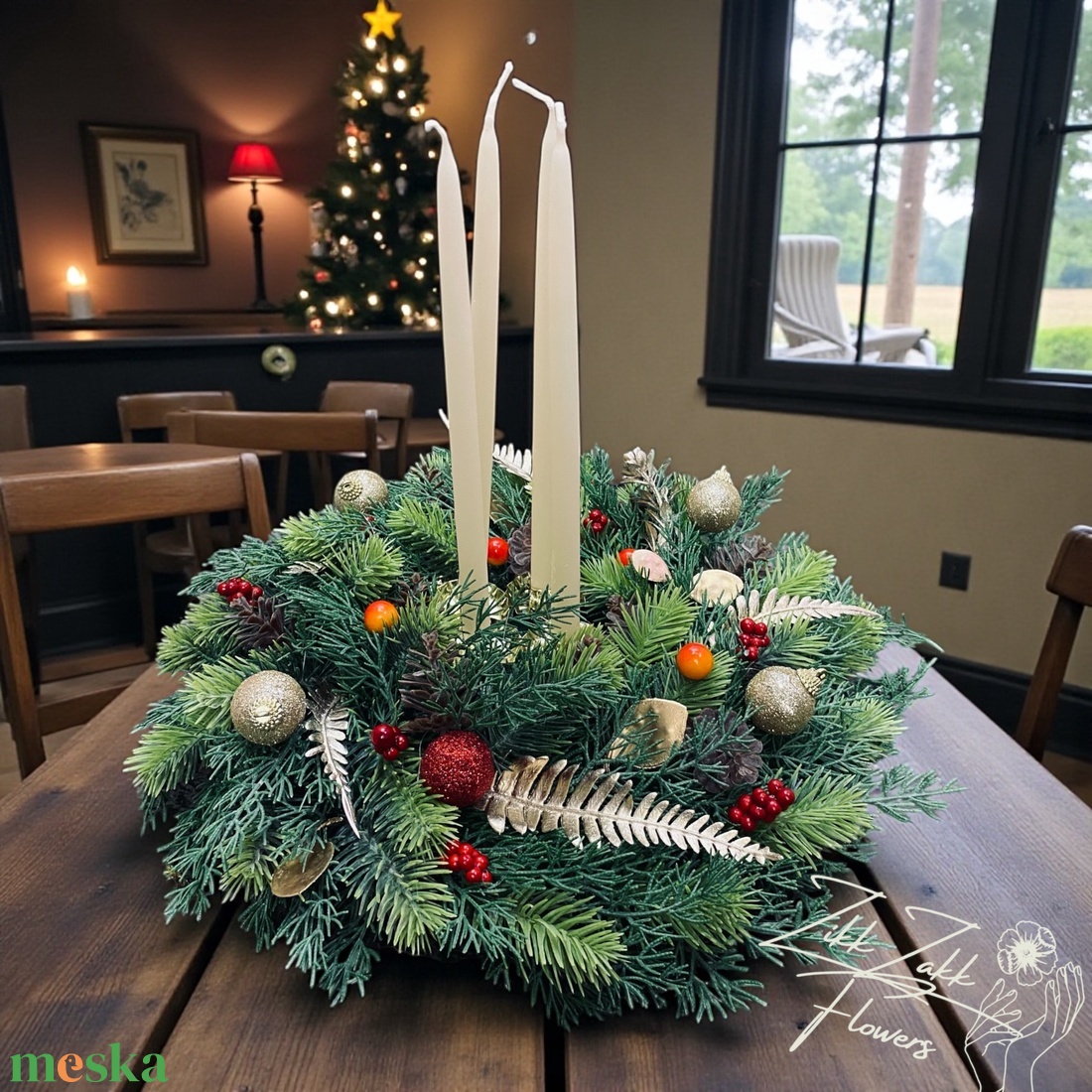Nagy, dús adventi koszorú hosszú gyertyákkal - karácsony - adventi díszek - adventi koszorú - Meska.hu