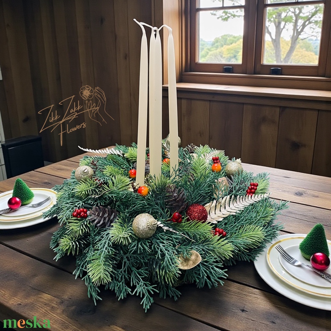 Nagy, dús adventi koszorú hosszú gyertyákkal - karácsony - adventi díszek - adventi koszorú - Meska.hu