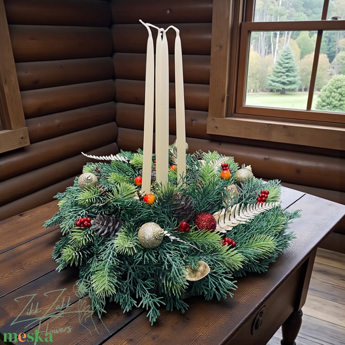 Nagy, dús adventi koszorú hosszú gyertyákkal - karácsony - adventi díszek - adventi koszorú - Meska.hu