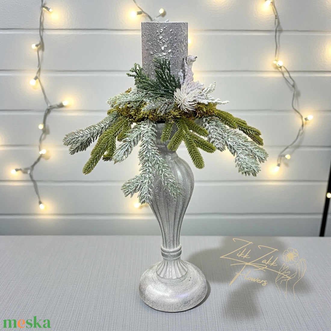 Ezüst talpas gyertyatartó kompozíció (magas) - karácsony - adventi díszek - adventi asztaldísz - Meska.hu